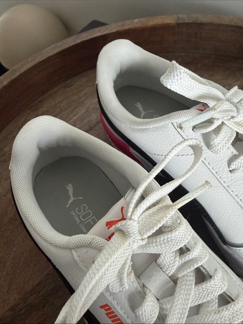 Puma White Low-Top Sneakers with Black Stripe and Pink Heel Accent - Picture 7 of 10